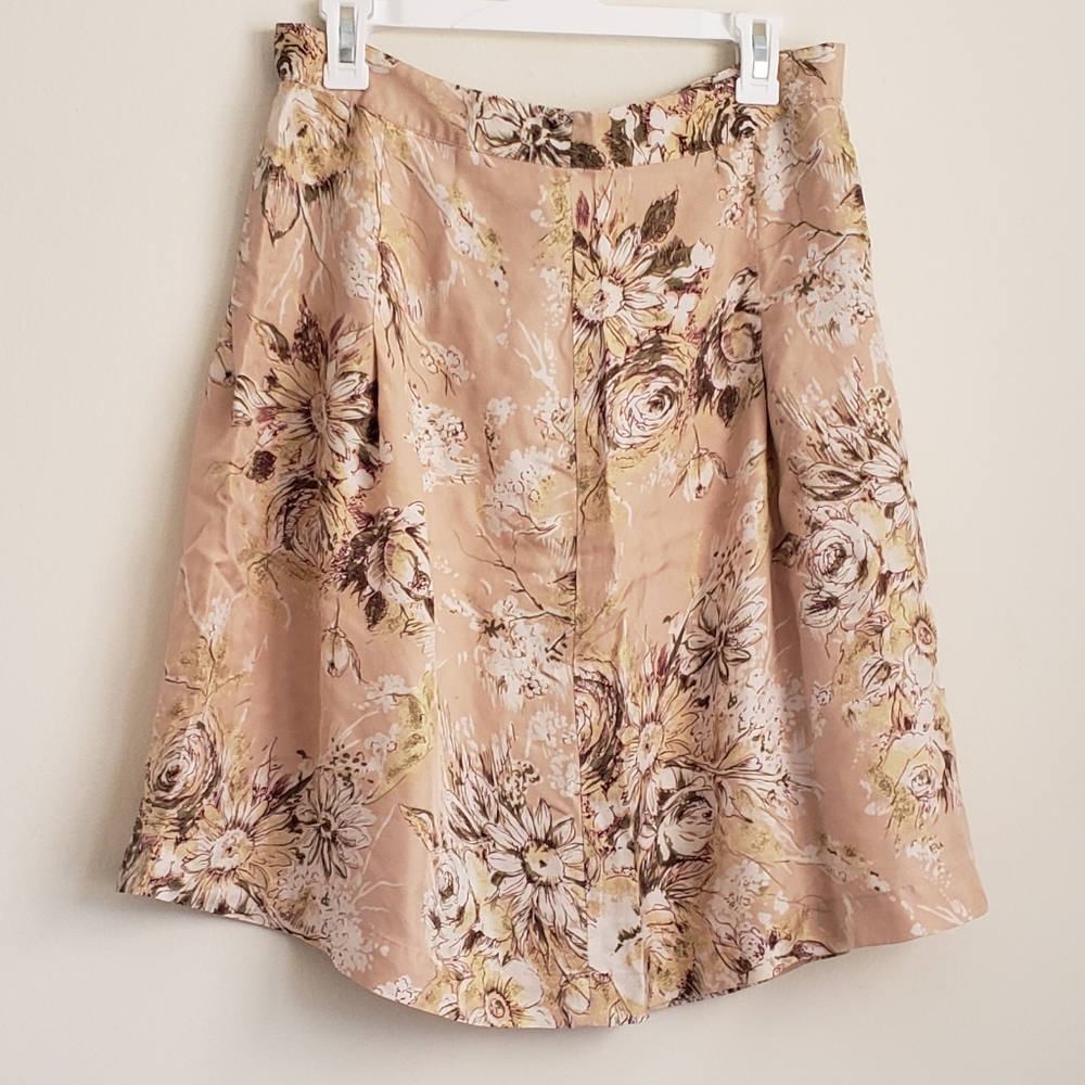 Silk Neutral Tone Floral Skirt with Green Accents
